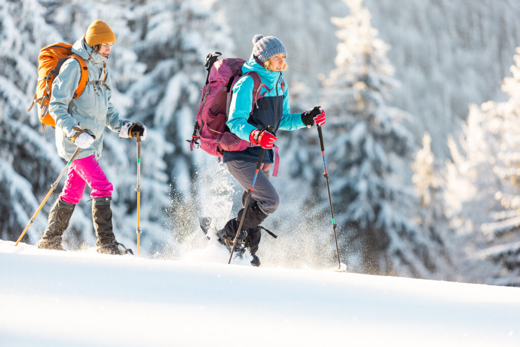 2 randonneuses en raquette en hiver dans le Vercors